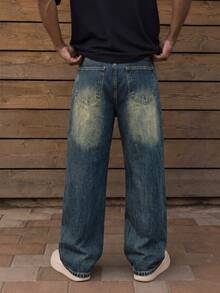 HEHCN Men's Distressed Vintage Blue Loose Straight Leg Casual Jeans, Wide-Leg Pants, Suitable Gift For Husband Or Boyfriend - Blue - View 5