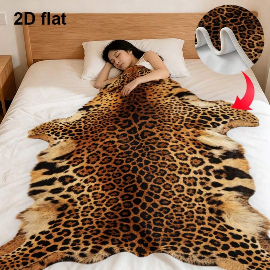 1pc Faux Leopard Print Fur Blanket, Soft & Warm Flannel Throw Blanket For Bed, Sofa, Home Use - Multicolor - View 1