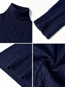 Men's Navy Blue Cable Knit Turtleneck Sweater, 3D Textured Slim Fit Pullover Knit Top, Solid Color Inner Layer For Autumn/Winter Commute - Navy Blue - View 9
