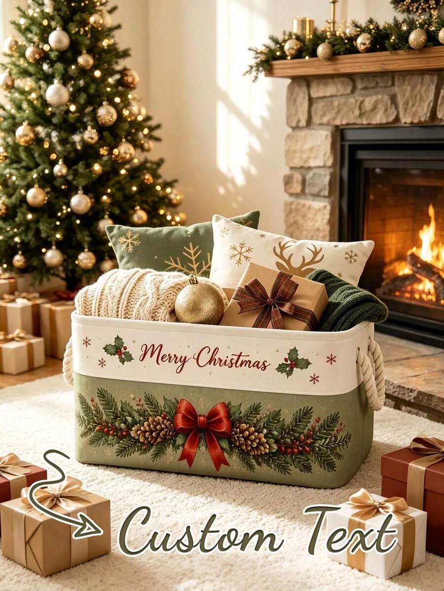 Personalized Christmas Storage Basket, Customized Embroidered Name Holiday Basket, Holiday Books And Toys Organizer, Cozy Christmas Home Decor, Customized Gift For Family, Fireplace And Living Room Decoration - Multicolor - View 1