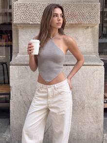 Women's Sleeveless Knit Halter Neck Crop Top With Asymmetrical Hem And Back Tie Design, Fashionable Backless Beachwear For Summer Casual Outings - Grey - View 4