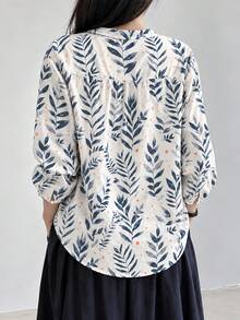 YUXIN 女款新款全印花葉片與波點圖案溫柔浪漫居家度假通勤日常穿著襯衫 - 藍色 - 查看 8
