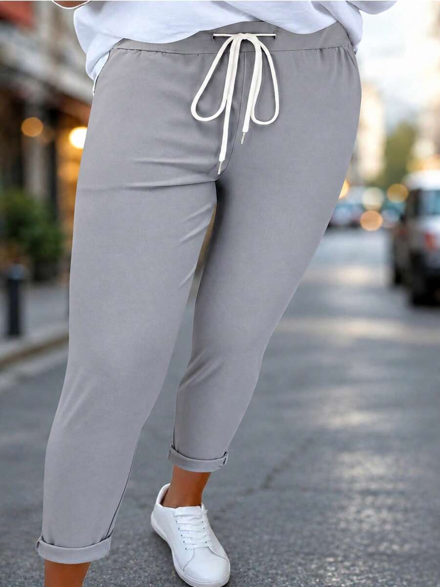 New Arrival Fashion Plus Size Women's Casual Drawstring Long Pants, All-Season Versatile - Light Grey - View 1