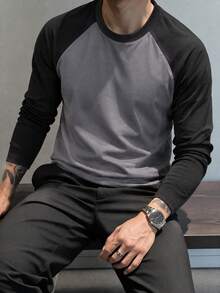 Men's Patchwork Raglan Sleeve Crew Neck Long Sleeve T-Shirt, Autumn/Winter New Base Layer, Sports Fitness Casual Contrast Color Top - Dark Grey - View 4