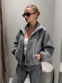 2026 Autumn New Women's Wool Blend Long Sleeve Stand Collar Soft Flight Jacket Coat, Autumn/Winter Top - Grey - View 4