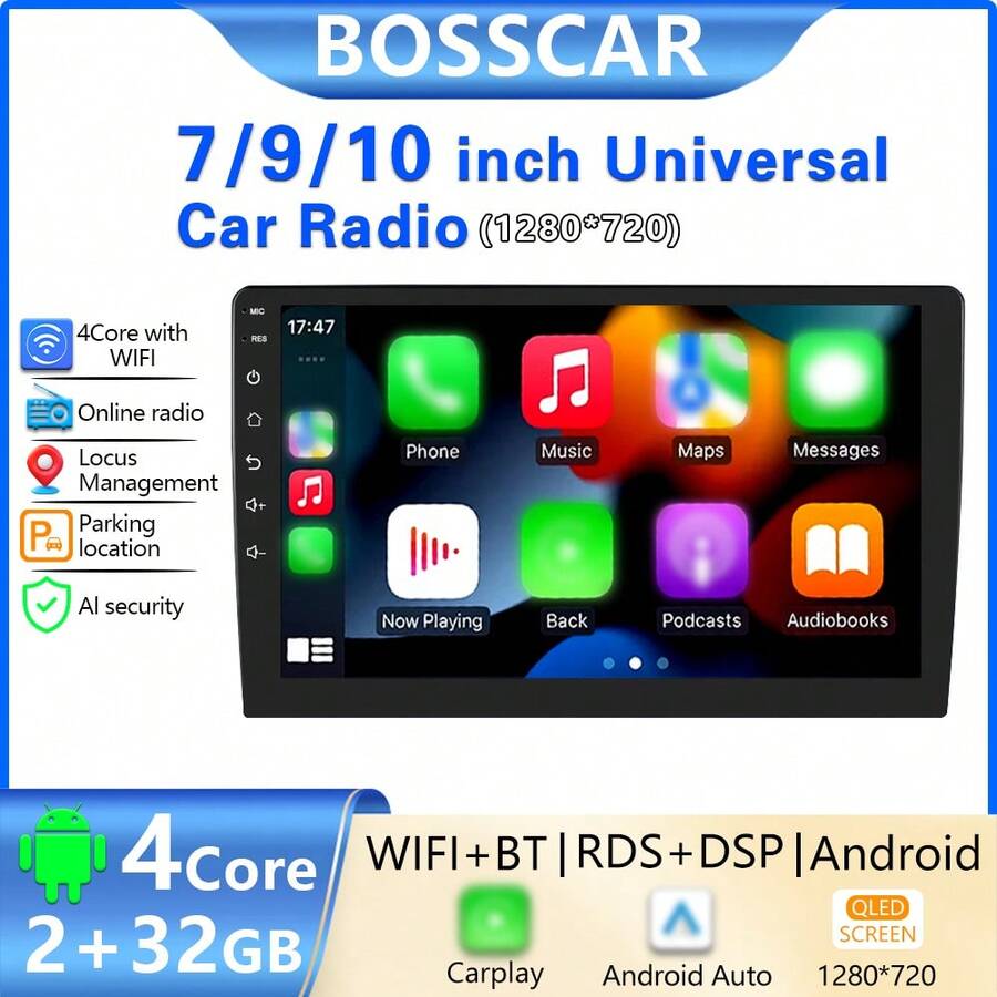 BOSSCAR 4core 2 Din Car Radio Androidauto Carplay Android 12 4G GPS Car Audio 7"/9"/10" WIFI BT IPS Automotive Multimedia - IPS - View 1