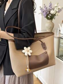 Fashionable Large Capacity Tote Bag Minimalist Solid Color Shoulder Handbag With Cute Sun Charm Soft PU Leather Commuter Shopper Bag - Khaki - View 4