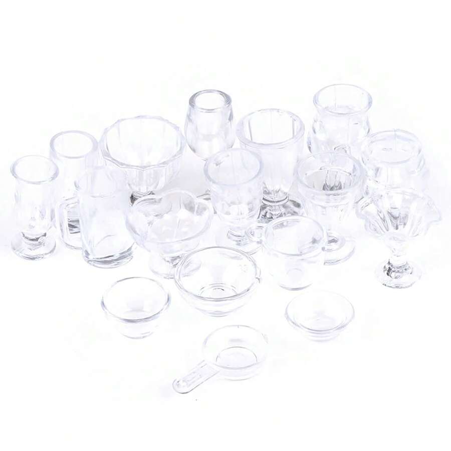Juego de 17 piezas de utensilios de cocina miniatura transparentes, vasos, platos y vajilla, miniaturas para juegos de simulación, juguetes para casas de muñecas, para niños pequeños, juego de simulación de cocina. - BLANCO - Ver 1