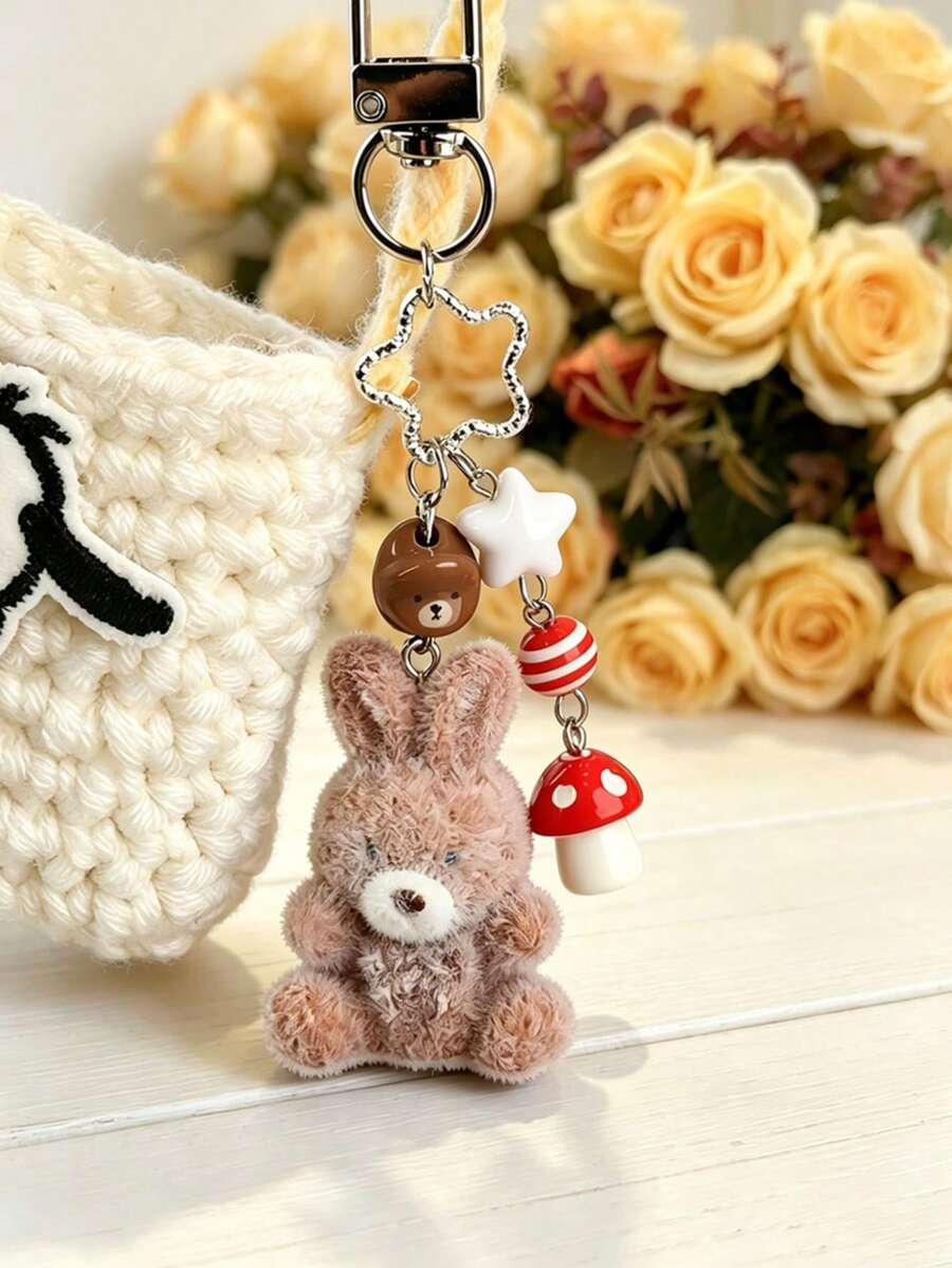 2pcs Cute Flocking Bunny Keychain,Kawaii Rabbit Mushroom Star Bag Charm,Animal Pendant Key Ring For Handbag Purse Backpack Car Keys, Girls Women Gift - Multicolor - View 1