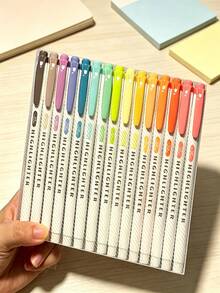 15pcs/Set Dual-Tip Fluorescent Highlighter Pens, Soft Color Tone Fluorescent Markers, Suitable For Coloring, Highlighting, Drawing, Classroom And Office Use. Pens Feature Multi-Function Fine And Thick Tip Design., Back To School - Multicolor - View 15