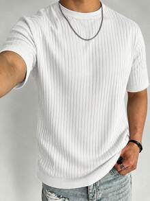Suéter de punto blanco liso con cuello redondo y manga corta, acanalado vertical, ajuste ceñido, textura casual, para verano, primavera y otoño - Blanco - Ver 8