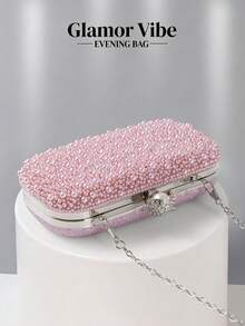 Elegant Pearl & Rhinestone Spiral Pattern Evening Clutch, Pearl Buckle Handbag - Pink - View 6