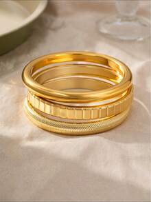 1-3pcs Gold Layered Metal-Like Women's Bracelet Set, Fashionable Beautiful Minimalist Round Finger, Lightweight CCB Material - Gold - View 2