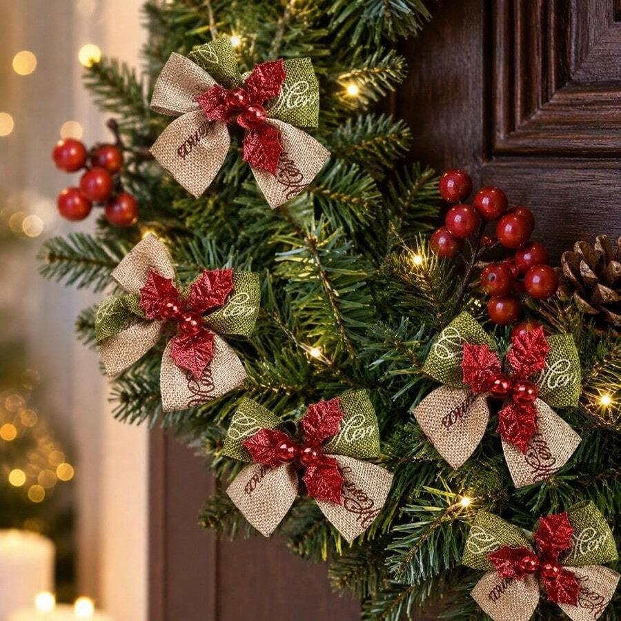 8pcs Mini Christmas Bows, Handmade With Gold Trim And Pointed Decoration, Suitable For Christmas Tree Decor, Gift Wrapping, Wedding, Party, New Year Holiday Scene Decoration, Red And Green Featherless Decorative Bows - Multiple Styles - View 1