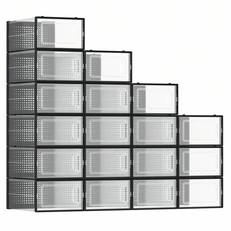 SONGMICS Cajas de Zapatos Plástico, Juego de 18 Organizadores de Almacenamiento, Caja Zapatero Plástico Plegable y Apilable para Zapatillas hasta talla 44, Transparente y Negro LSP18SBKV1 - Ver 1