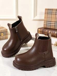 1 Pair Boys' Short Chelsea Boots, Soft PU + Elastic Fabric Material, Round Toe, Elastic Soft Sole, Inner Zipper Design, Minimalist British Style, Suitable For Daily Wear, School, Festivals, Parties, Autumn/Winter New - Coffee Brown - View 7