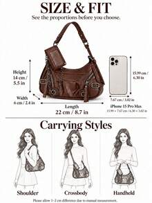 Brown PU Leather Y2K Motorcycle Bag, Women's Vintage Punk Multi-Pocket Shoulder Underarm Crossbody Bag, Motorcycle Style Handbag - Evonik - View 5