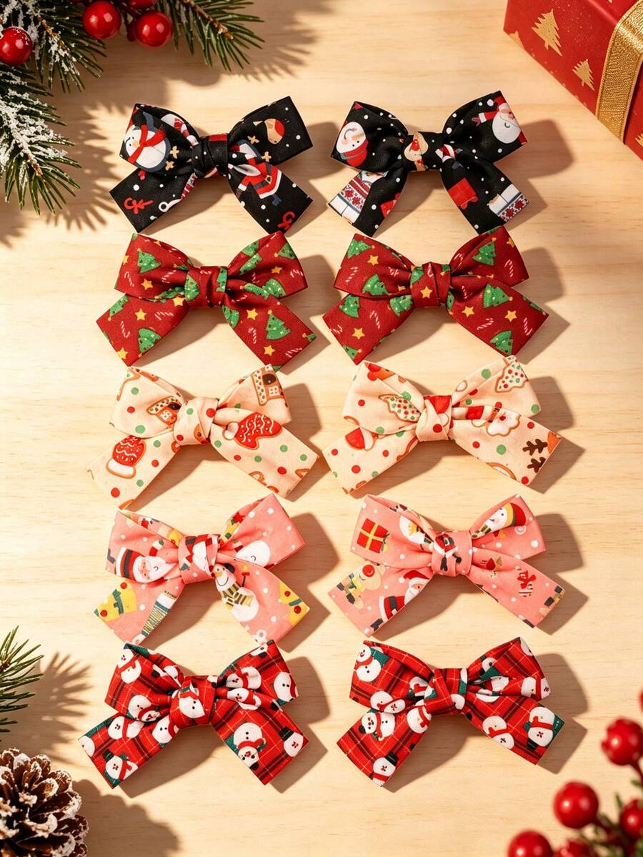 10PCS Christmas Hair Bows Clips For Girls, Mini Ribbon Barrettes With Santa Snowman Gingerbread Prints, Cute Xmas Hair Accessories For Kids No Cards - Multicolor - View 1