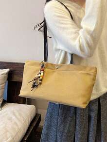 Relaxed Khaki Canvas Shoulder Tote Bag For Women, Minimalist Snap Button Design, Large Capacity, Artistic Beaded Pendant Commuter Underarm Bag - Khaki - View 4