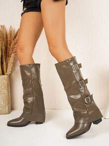 2026 Autumn/Winter New Brown Western Style Slouchy Tall Boots For Women, 3-Strap Buckle Decor, Loose Pleated Shaft, Chunky Heel, High Shaft Riding Boots - Brown - View 4