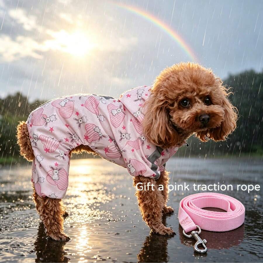 Waterproof Dog Raincoat Set, Includes 1pc Raincoat And Waterproof Drawstring, Multiple Colors Available, Windproof And Waterproof, Full Coverage Design, Special Reflective Strip Double-Sided Design, Suitable For All Dog Sizes - Pink - View 1