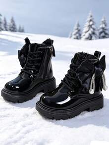 1 Pair Girls' Short Boots, Mirror PU + Fabric Bow & Pearl Decor, Round Toe, Elastic Soft Sole, Inner Zipper Design, Fashionable Cute Princess Style, Suitable For Daily, Holiday, Campus, Autumn/Winter New - Black - View 4