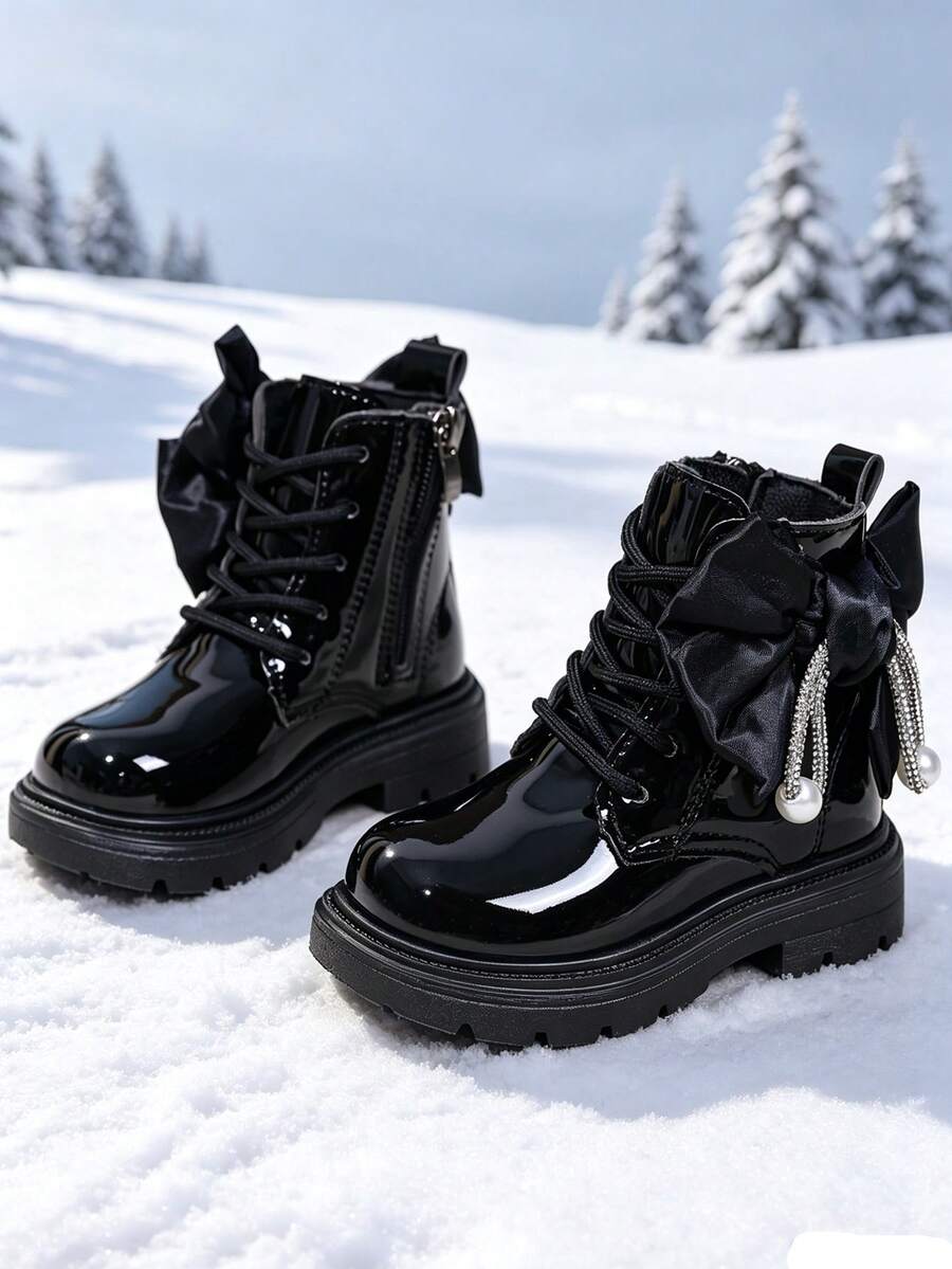 1 Pair Girls' Short Boots, Mirror PU + Fabric Bow & Pearl Decor, Round Toe, Elastic Soft Sole, Inner Zipper Design, Fashionable Cute Princess Style, Suitable For Daily, Holiday, Campus, Autumn/Winter New - Black - View 1