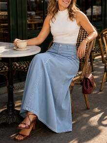 Women's Vintage Blue Striped Denim Maxi Skirt, Casual Straight Fit, Button Detail Design, Non-Stretch Fabric, Suitable For Daily Wear - Light Wash - View 5