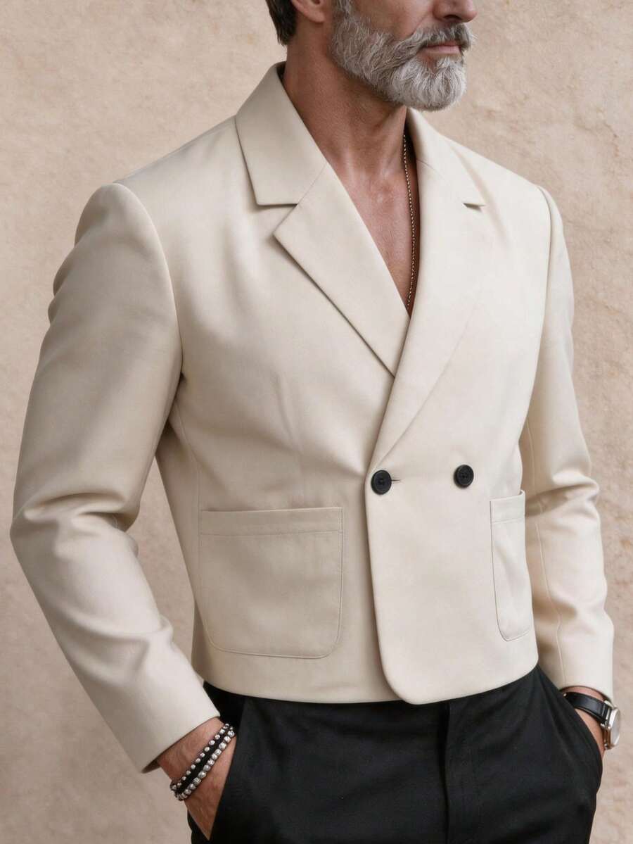GOLDREDY Korean Style Short Men's Blazer, Premium Double-Breasted Casual Suit Jacket, Loose Fit Lapel Collar, Cool & Edgy - Apricot - View 1