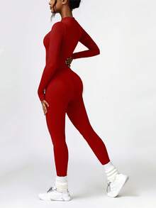 DINBEY 女款無縫羅紋半拉鍊長袖瑜伽連身衣，收腹提臀修身全身塑形健身連身衣，適合健身房運動 - 紅色 - 查看 7