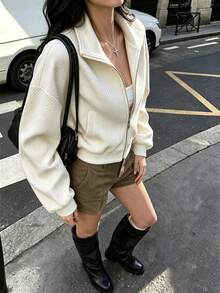 Solid Color Zip-Up Jacket, College Style, Daily Wear, All Seasons - Off-white - View 4