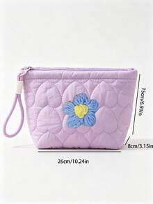 Quilted Heart-Shaped Makeup Bag With Knitted Flower, Lipstick Storage Pouch, Soft Candy Color Toiletry Bag, Multiple Colors Available, Perfect Gift For Middle East National Day, Halloween, Christmas - Multicolor - View 10