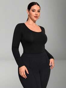 1 buah Jumpsuit Rajut Tanpa Jahitan Lengan Panjang Ukuran Plus Wanita, Pakaian Dalam Lapisan Dasar Pembentuk Tubuh Ringan, 0XL-4XL - Hitam - View 5