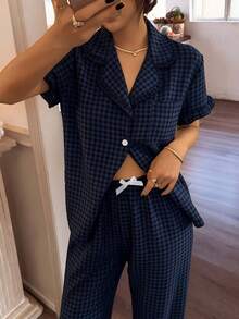 2pcs/Set Women's Pajamas Loungewear Set Blue Black Plaid Print Short Sleeve Lapel Lace Trim Top And Long Pants Spring Summer - Black - View 4