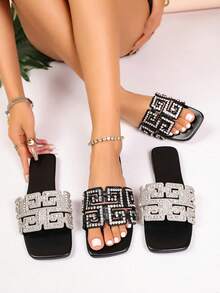 Women's Handmade Rhinestone Embellished Full Crystal Focal Element Greek Key Geometric Pattern Square Toe Single Strap Flat Slide Sandals, Luxury Style For Party And Date, Summer Silver PU Faux Leather Slippers - Silver - View 10
