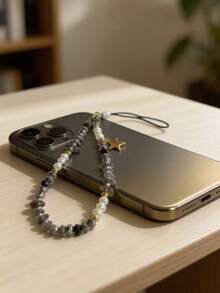 1pc Personalized Creative Purple Crystal Crushed Stone Beaded Phone Lanyard, Short Faux Pearl Phone Case Charm, Holiday Gift - Grey - View 2