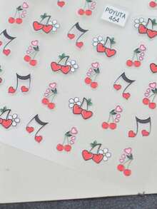 1pc Red Cherry & Small Heart Nail Stickers, White Daisy & Music Note Nail Decals, Autumn Self-Adhesive Glitter Nail Art, Asymmetrical Shape, Sweet Style, Suitable For Daily Commute - Multicolor - View 5