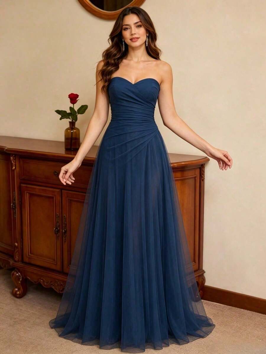 Vestido largo elegante sin tirantes para fiestas y eventos - Azul Marino - Ver 1