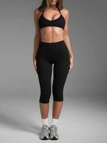 1pc Women's Seamless Elastic High Waist Tummy Control Butt Lifting Shaping Casual Sports Capris - Black - View 4