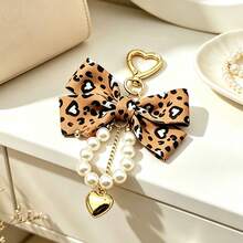 1Pc Aesthetic Leopard Bow Keychain, Cute Y2K Faux Pearl Heart Charm, Kawaii Coquette Keyring Gift For Her - Multicolor - View 1
