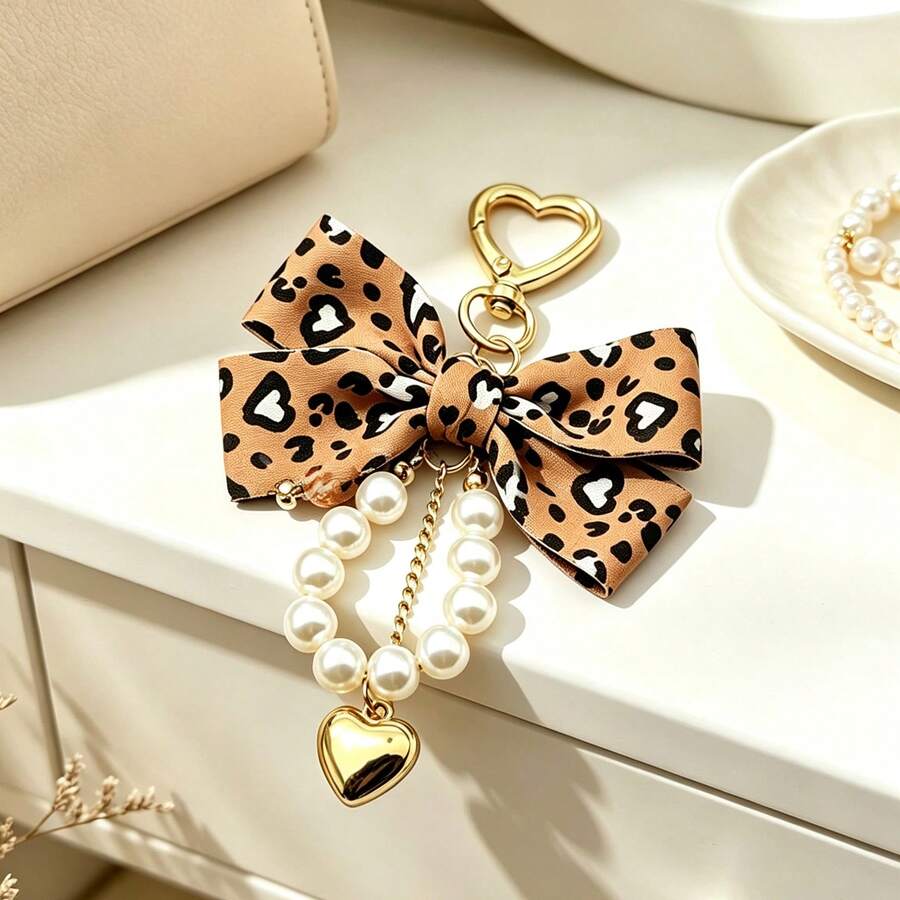 1Pc Aesthetic Leopard Bow Keychain, Cute Y2K Faux Pearl Heart Charm, Kawaii Coquette Keyring Gift For Her - Multicolor - View 1