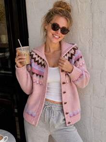 JIANHU Women's Pink Hooded Fair Isle Pattern Button-Up Cardigan, Suitable For New Year, Outdoor, Travel And Daily Wear - Pink - View 2