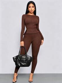 RNU Setelan 2 Potong Wanita Kasual Musim Gugur/Dingin, Bahan Bertekstur Ribbed, Atasan Rajut Lengan Panjang Slim Fit dengan Leher Bulat Kecil - Coffee Brown - View 5