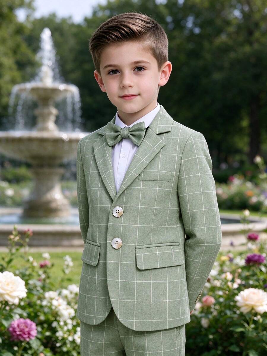 3pcs Young Boy Plaid Suit Set: Blazer, Pants, Bowknot . Suitable For Party, Wedding, School Performance, Autumn - Green - View 1