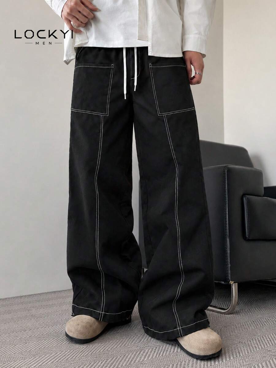 Men's Black Wide Leg Cargo Pants, American Style White Contrast Stitch Pocket Casual Long Pants - Black - View 1