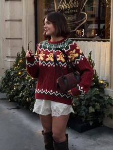 Plus Size Women's Christmas Gingerbread Man Cable Sweater, Vintage Loose Crew Neck Cable Knit Lazy Knit Top - Red - View 6