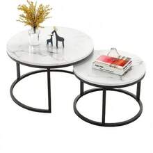 TONSSIDA Nesting Coffee Table Set Of 2, Round White Marble Coffee Table, Nesting Tables For Living Room, Space Saving Side Tables With Metal Frame - Black - View 1