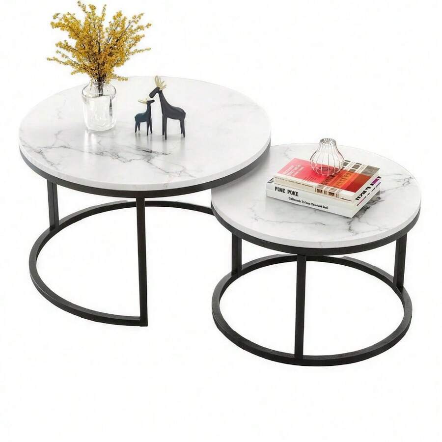 TONSSIDA Nesting Coffee Table Set Of 2, Round White Marble Coffee Table, Nesting Tables For Living Room, Space Saving Side Tables With Metal Frame - Black - View 1