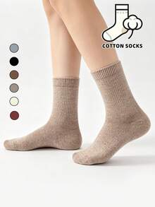 1/6 Pairs Solid Color Round Mouth Socks, Simple Casual Soft Mid-Calf Socks, Suitable For Daily Wear - Multicolor - View 4