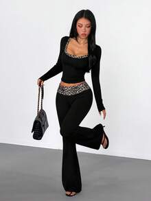 Sexy Leopard Print Patchwork Square Neck Long Sleeve Cropped Top + Low Waist Flared Flared Pants 2 Pieces Set, European & American Style Outfit - Black - View 2